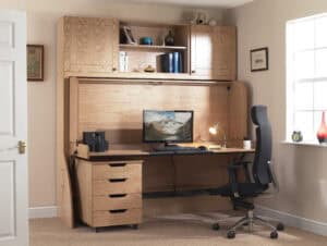 Modern wooden study desk with hutch and ergonomic office chair, ideal for student study spaces and home office setups, featuring ample storage and a computer workspace.