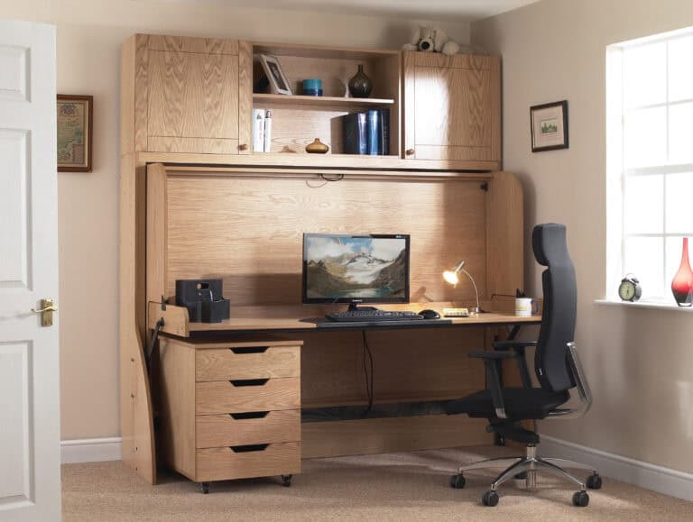 Modern wooden study desk with hutch and ergonomic office chair, ideal for student study spaces and home office setups, featuring ample storage and a computer workspace.