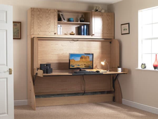 Traditional wooden study bed with integrated work desk and shelving unit for student comfort and organisation. Perfect for small bedrooms, combining sleeping and study space efficiently.