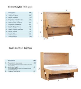Solid wooden double study bed with desk and storage, showcasing measurements and versatile desk and bed modes for space-efficient living and studying.