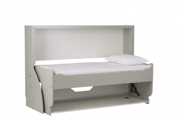 Studybed with built-in desk and storage, modern white space-saving design for students, compact multifunctional bed for small rooms, ideal for dorms or study areas.