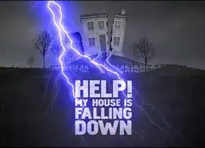 Lightning storm striking near house with text "Help! My house is falling down," highlighting urgent home repair concerns.
