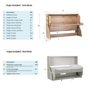 Multi-functional study beds with adjustable Desk Mode and Bed Mode options, featuring detailed dimensions in wood and white finishes for versatile student or space-saving furniture solutions.