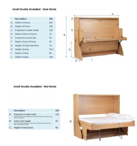 Elegant wooden small double study bed with adjustable desk and storage, perfect for compact living, student rooms, or versatile furniture arrangements. Features detailed measurements for custom fitting.
