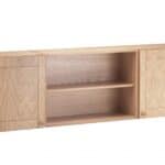 Natural oak study and storage desk with side cabinets and open shelving for home office or study room organisation.