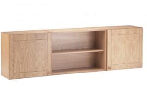 Natural oak study and storage desk with side cabinets and open shelving for home office or study room organisation.