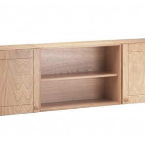 Natural oak study and storage desk with side cabinets and open shelving for home office or study room organisation.