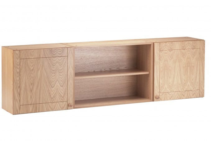 Natural oak study and storage desk with side cabinets and open shelving for home office or study room organisation.