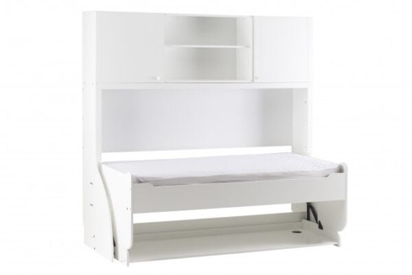 White Studybed with storage compartments, ideal for compact bedrooms and student rooms, featuring a pull-out bed, shelving, and organisational space for efficient living.