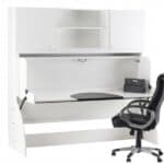 Studybed white study desk with integrated shelving and ergonomic office chair, ideal for student study spaces and compact home offices, multifunctional workspace furniture.