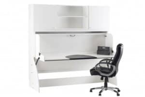 Studybed white study desk with integrated shelving and ergonomic office chair, ideal for student study spaces and compact home offices, multifunctional workspace furniture.