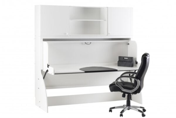 Studybed white study desk with integrated shelving and ergonomic office chair, ideal for student study spaces and compact home offices, multifunctional workspace furniture.