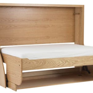 Natural wooden study bed with pull-out drawer and adjustable workspace for compact and functional home study areas.