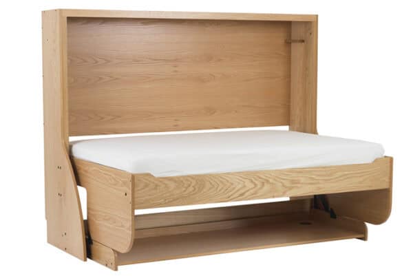 Natural wooden study bed with pull-out drawer and adjustable workspace for compact and functional home study areas.