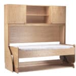 Wooden study bed with storage shelves and pull-out desk, built-in desk for space-saving study area, versatile multifunctional study furniture for efficient room organisation, modern home study bed design.