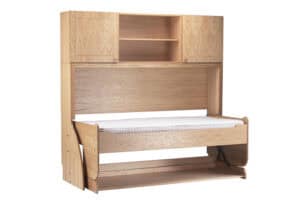 Wooden study bed with storage shelves and pull-out desk, built-in desk for space-saving study area, versatile multifunctional study furniture for efficient room organisation, modern home study bed design.