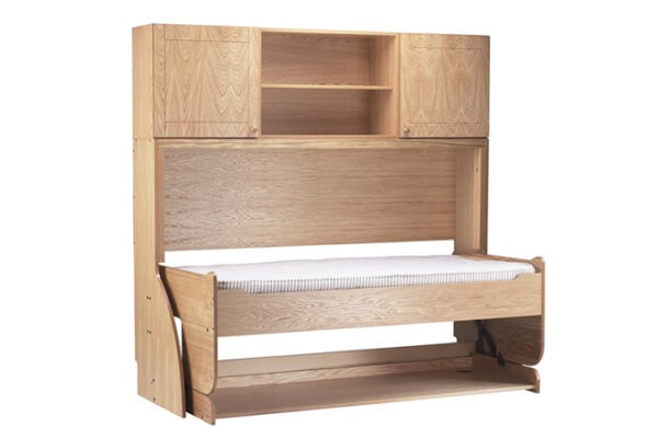 Wooden study bed with storage shelves and pull-out desk, built-in desk for space-saving study area, versatile multifunctional study furniture for efficient room organisation, modern home study bed design.