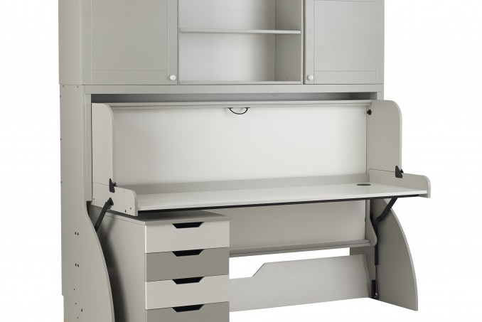 StudyBed with Top Box and 4 drawer pedestal, painted finish in Lamproom Gray and Strong White